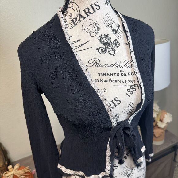 Y2K The Limited Silk Tie Front Embroidered Lace Blouse XS Fairy Romantic Whimsy - Picture 2 of 9